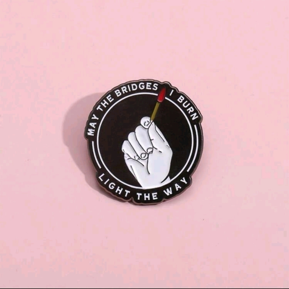 Burning Bridges funny enamel pin brooch charm purse satchel womens bag hand